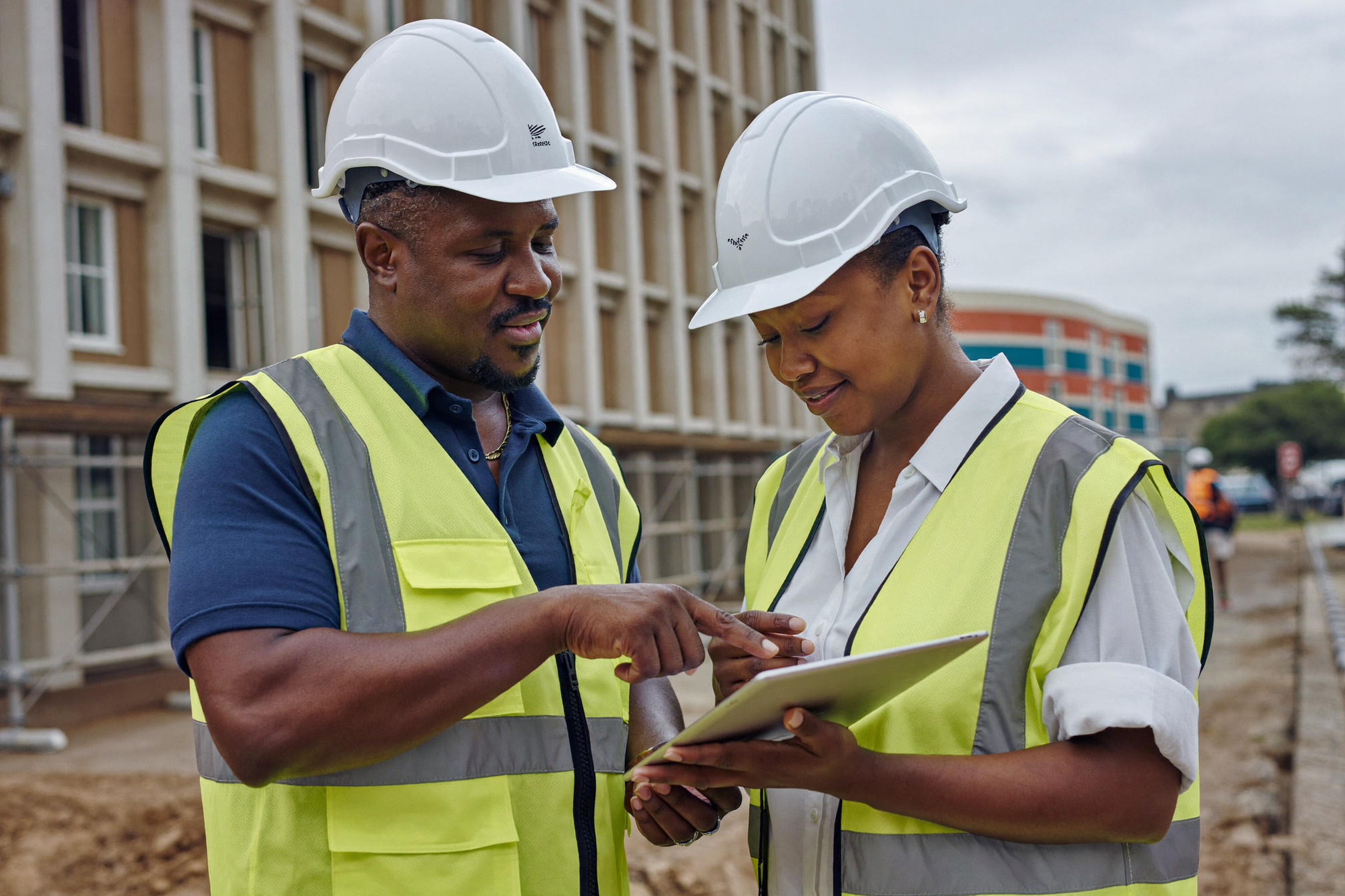 Two South African construction team members reviewing live project status together on a tablet