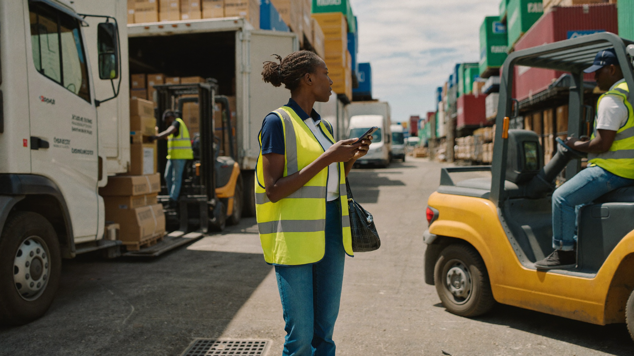 A logistics coordinator at a South African warehouse yard checking a message on her phone