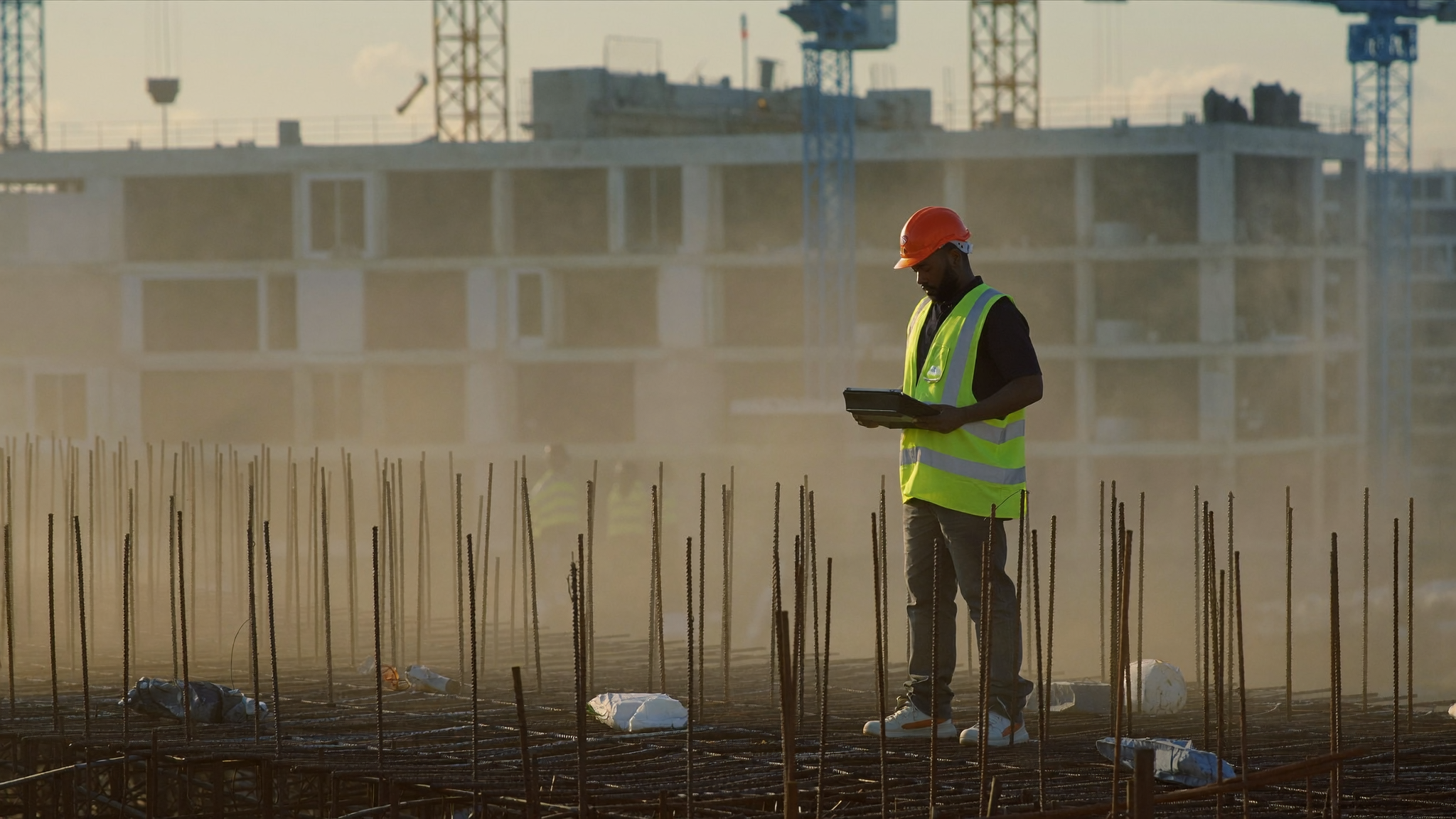 A site supervisor on a South African construction site reviewing live compliance status on a tablet at golden hour