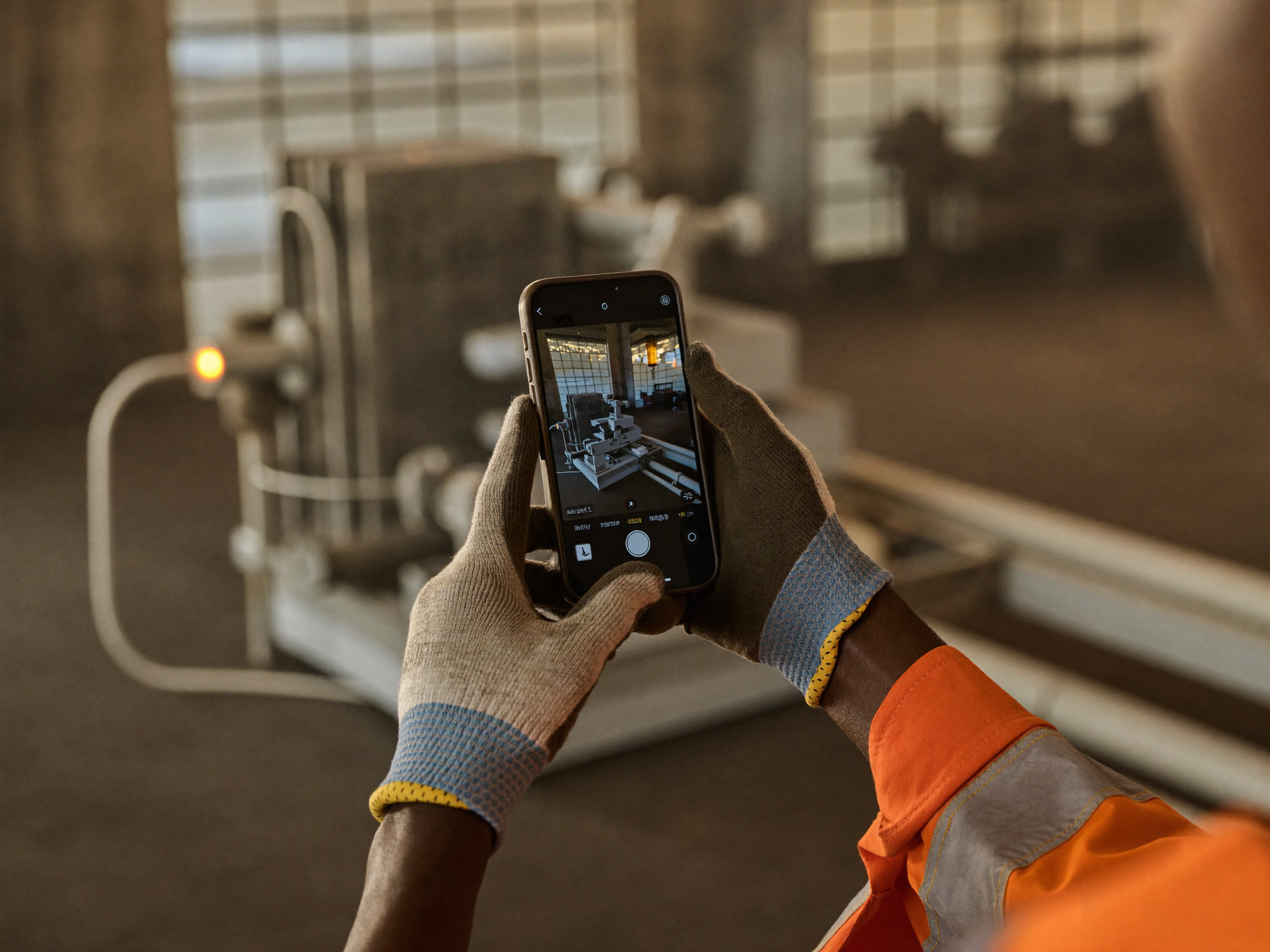 Close-up of a worker's hands checking a live status update on a smartphone at an industrial site